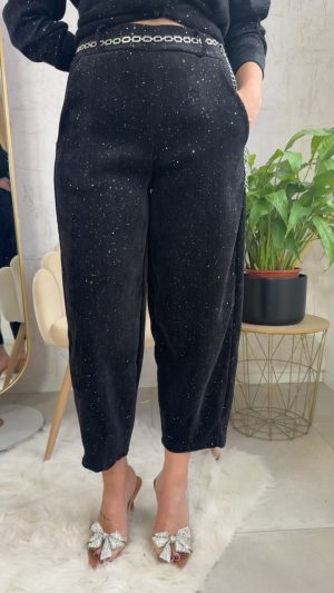 Βελουτέ παντελόνι με γκλιτερ- Μαύρο