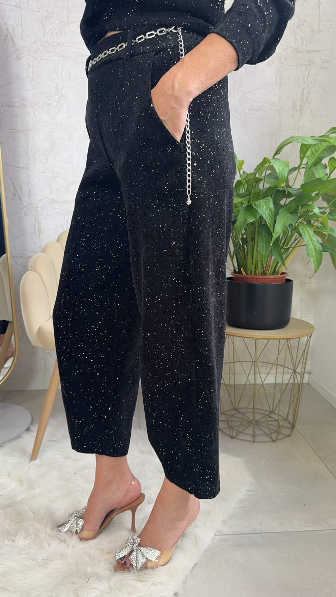 Βελουτέ παντελόνι με γκλιτερ- Μαύρο