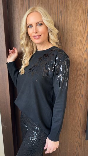 Μπλούζα με παγιετα στον ώμο- Μαυρο