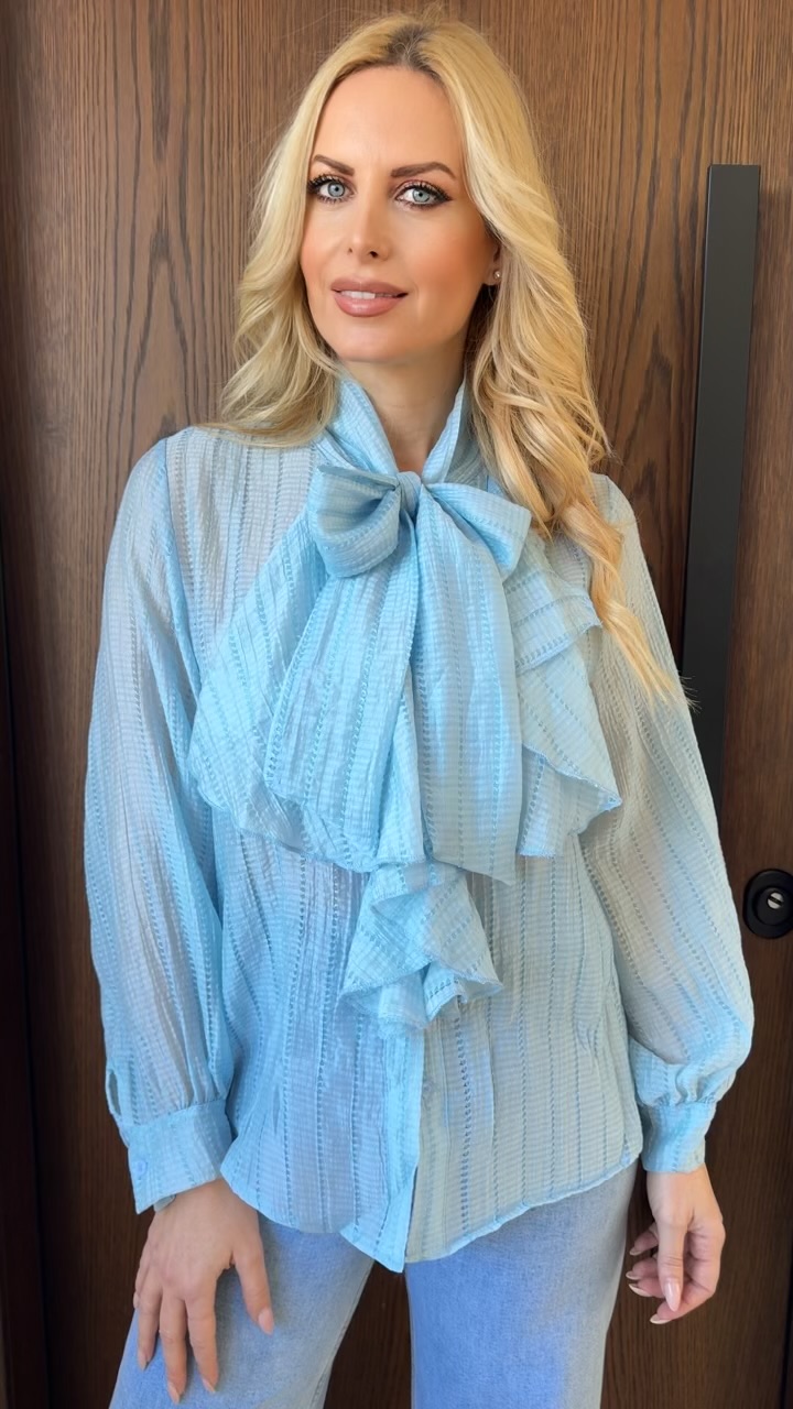 Πουκάμισο με βολάν και φιόγκο- Γαλάζιο