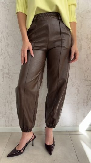 Δερματίνη παντελόνι με λάστιχο- Καφε