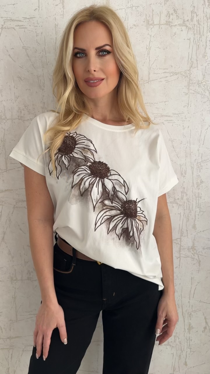 T-shirt με τύπωμα καφε λουλούδια
