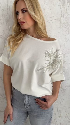 Μπλούζα με σχέδιο στρας στον ώμο- Άσπρο