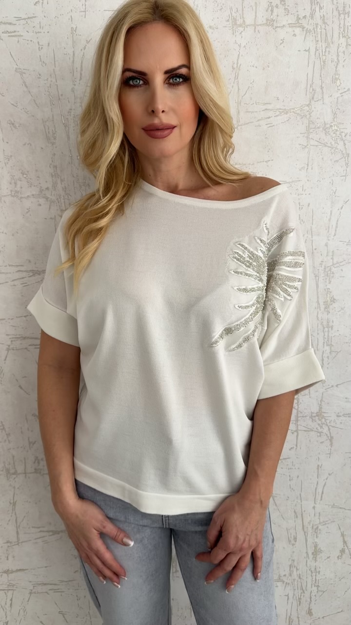 Μπλούζα με σχέδιο στρας στον ώμο- Άσπρο