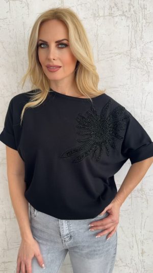 Μπλούζα με σχέδιο στρας στον ώμο- Μαυρο