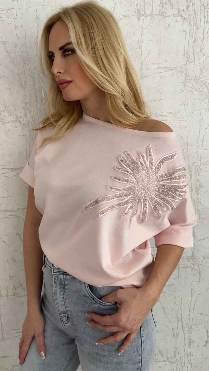 Μπλούζα με σχέδιο στρας στον ώμο- Ροζ