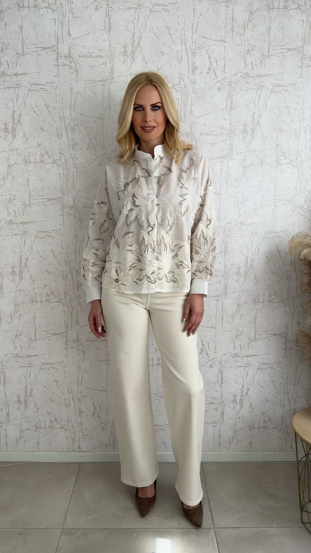 Πουκάμισο ανάγλυφο με λουλούδια-Μπεζ