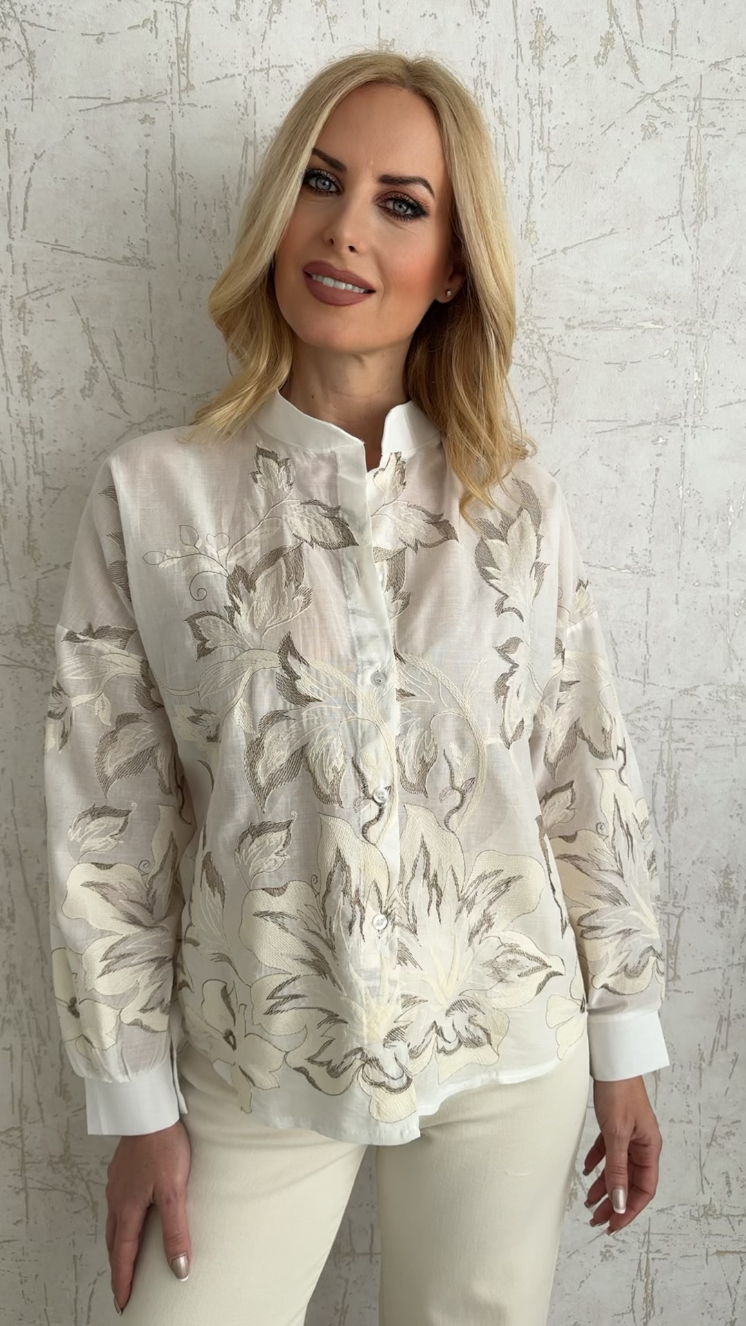 Πουκάμισο ανάγλυφο με λουλούδια-Μπεζ