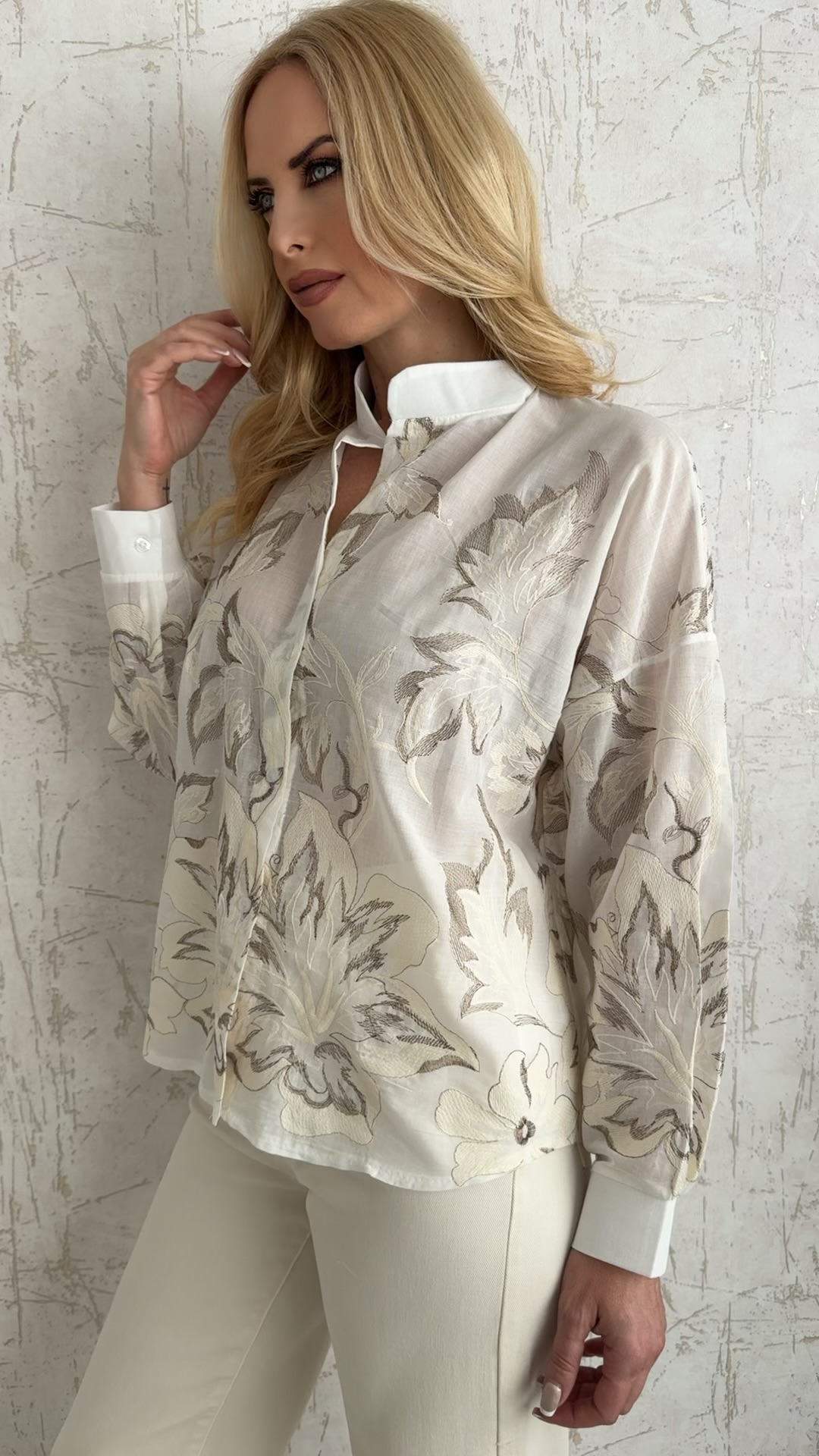 Πουκάμισο ανάγλυφο με λουλούδια-Μπεζ