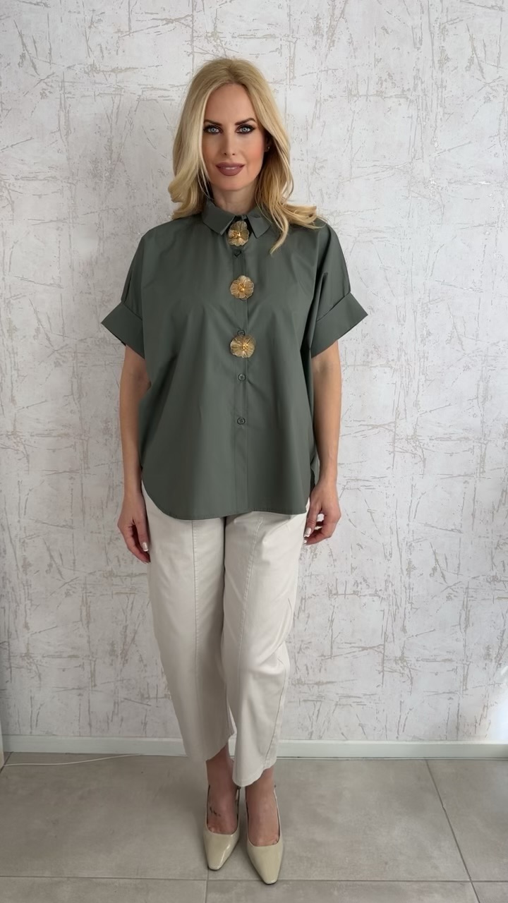Πουκάμισο ποπλινα με καρφίτσες- Χακι