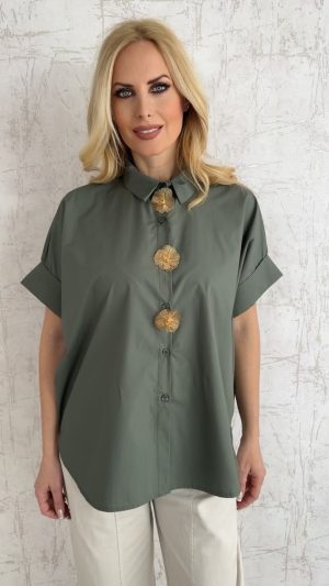Πουκάμισο ποπλινα με καρφίτσες- Χακι