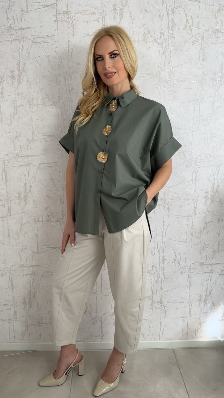 Πουκάμισο ποπλινα με καρφίτσες- Χακι