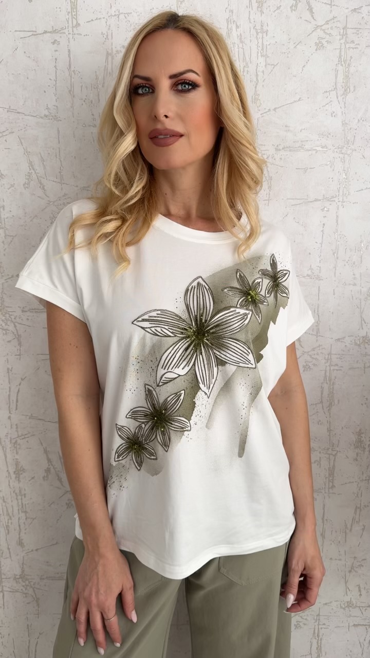 T-shirt με λουλούδι- Λαδί