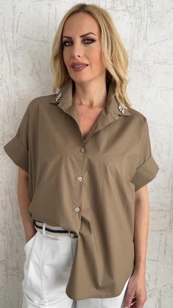 Πουκάμισο ποπλινα με στρας στο γιακά- Πουρου