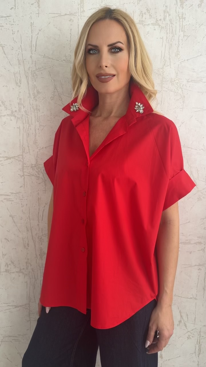 Πουκάμισο ποπλινα με στρας στο γιακά- Κόκκινο