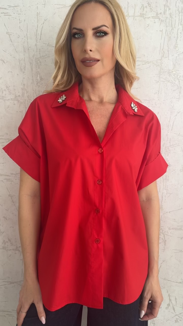 Πουκάμισο ποπλινα με στρας στο γιακά- Κόκκινο