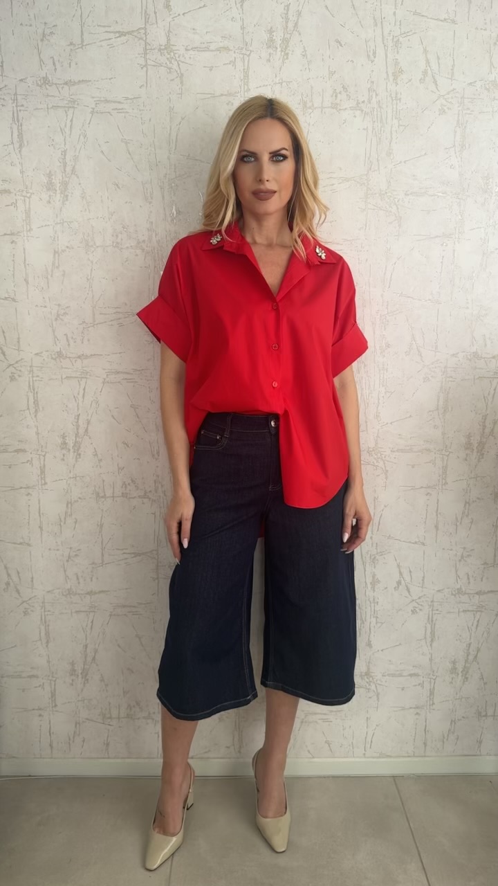 Πουκάμισο ποπλινα με στρας στο γιακά- Κόκκινο