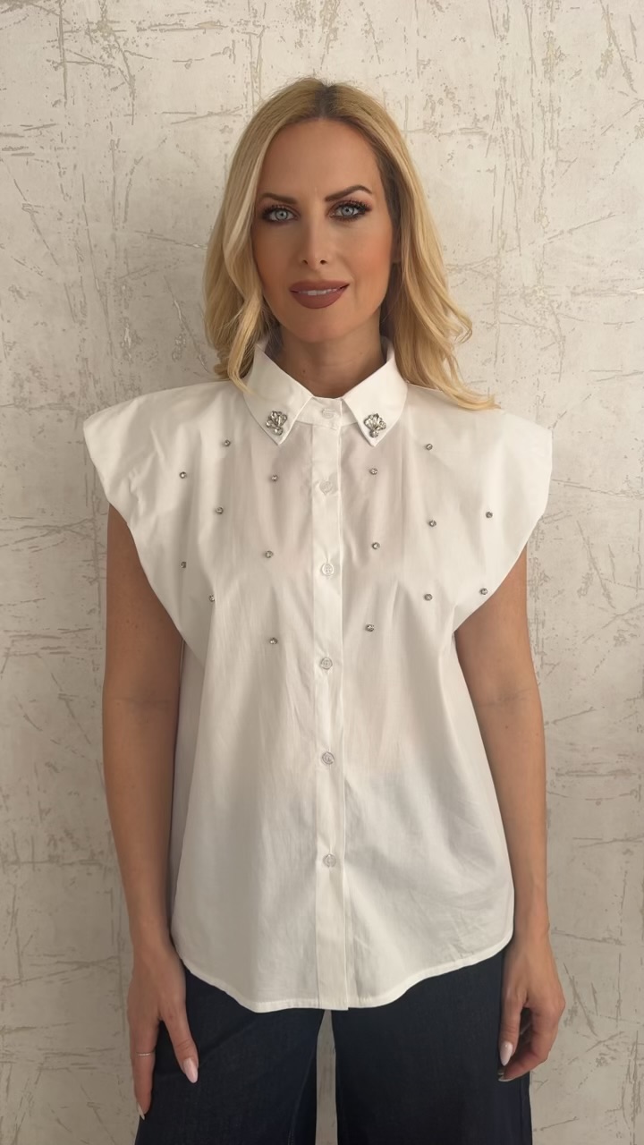 Αμάνικο πουκάμισο με στρας- Άσπρο