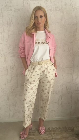 Floral baggy παντελόνι- Μπεζ