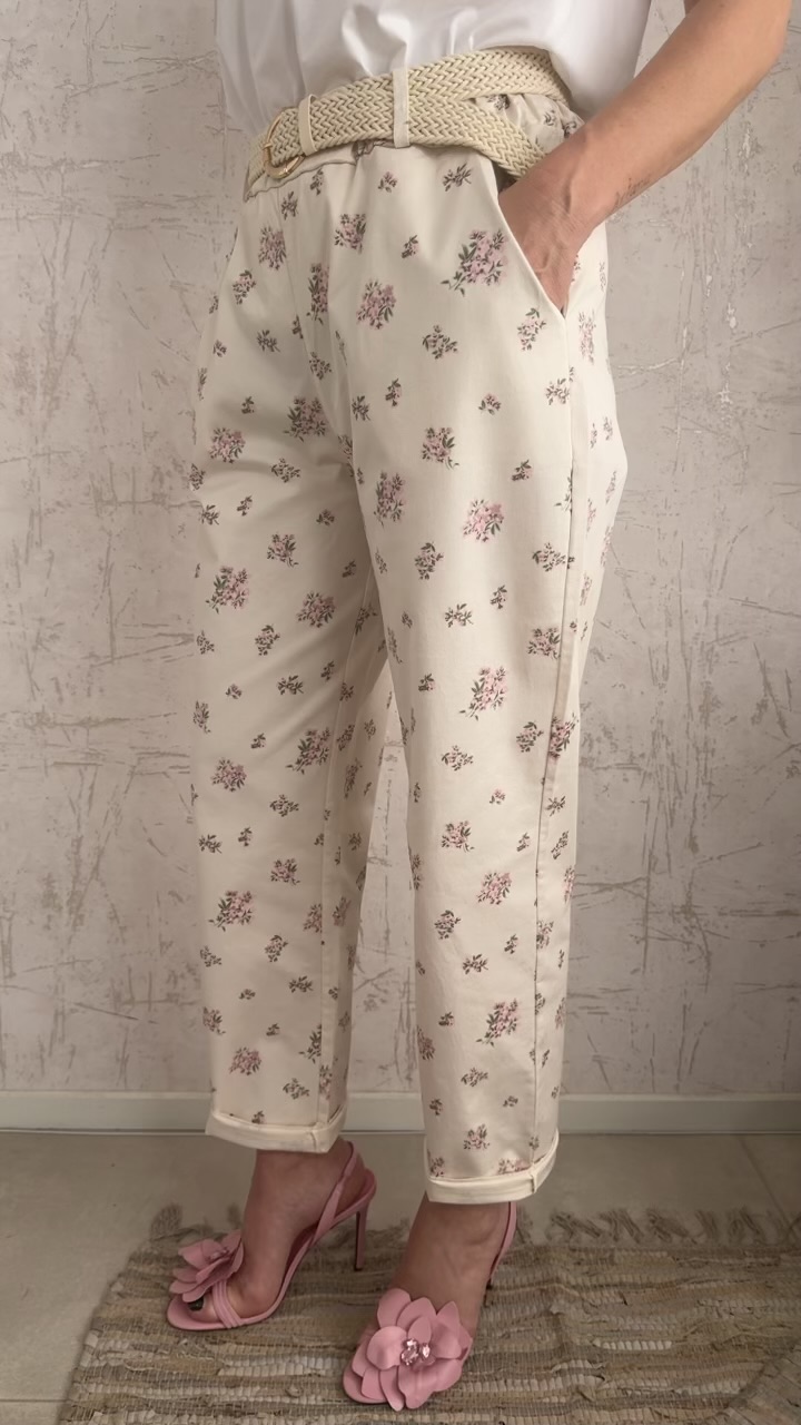 Floral baggy παντελόνι- Μπεζ