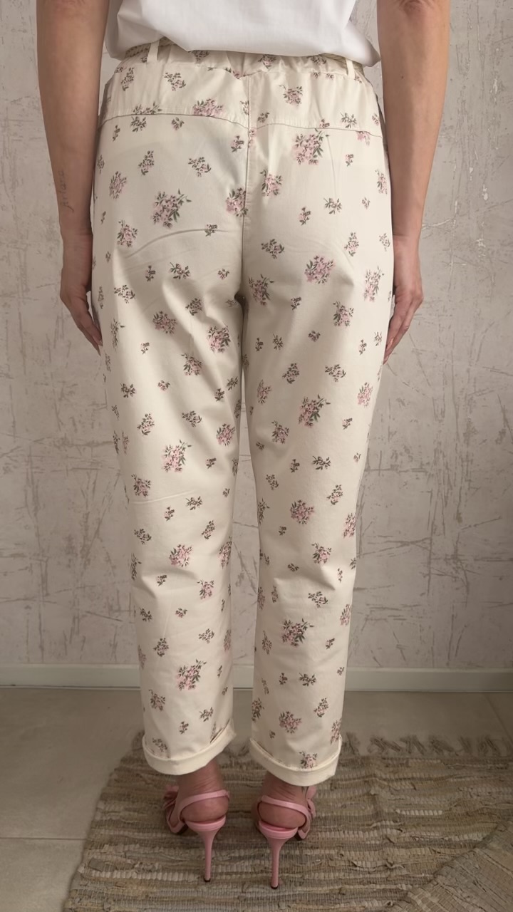 Floral baggy παντελόνι- Μπεζ