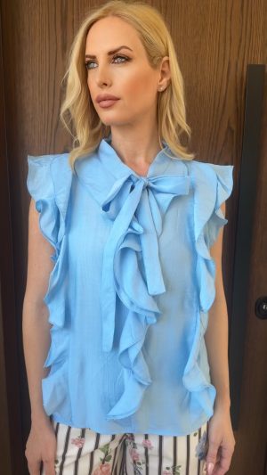 Πουκάμισο με δέσιμο στο λαιμό- Γαλάζιο