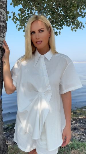 Βαμβακερό ασύμμετρο πουκάμισο - Άσπρο