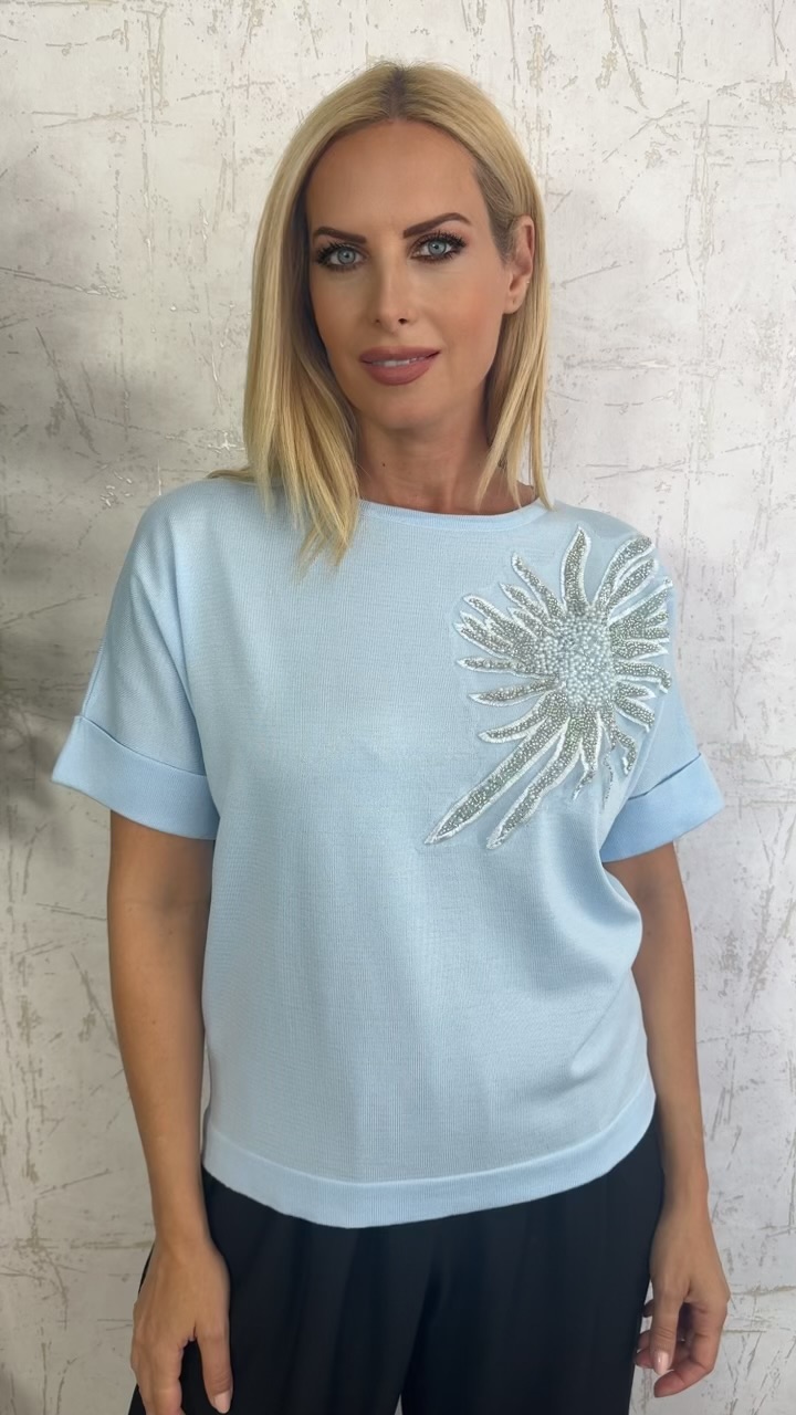 Μπλούζα με σχέδιο στρας στον ώμο- Γαλαζιο