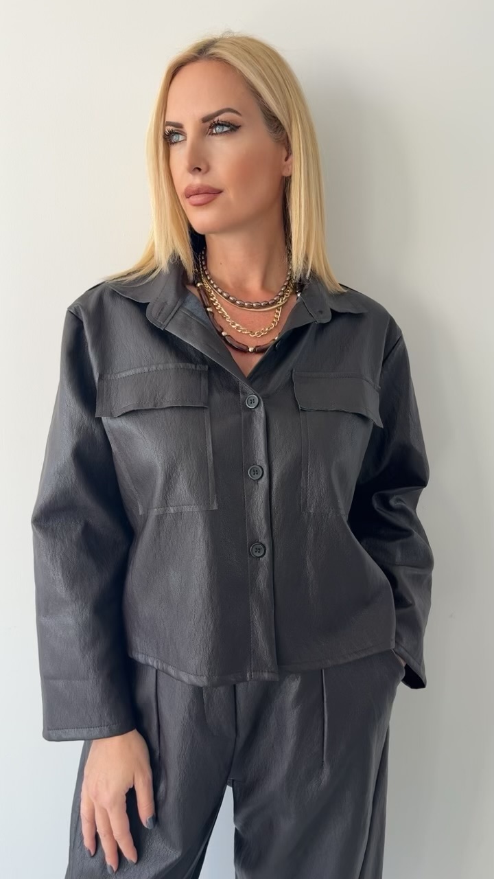 Oversized Leather Twin Set-Καφέ
