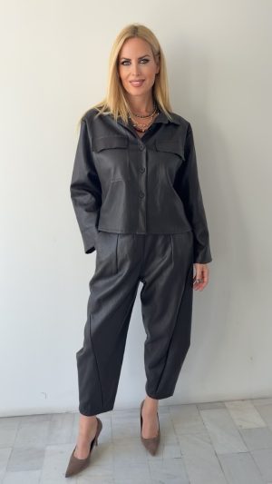 Oversized Leather Twin Set-Καφέ