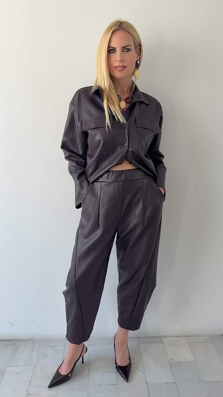 Oversized Leather Twin Set-Μπορντω