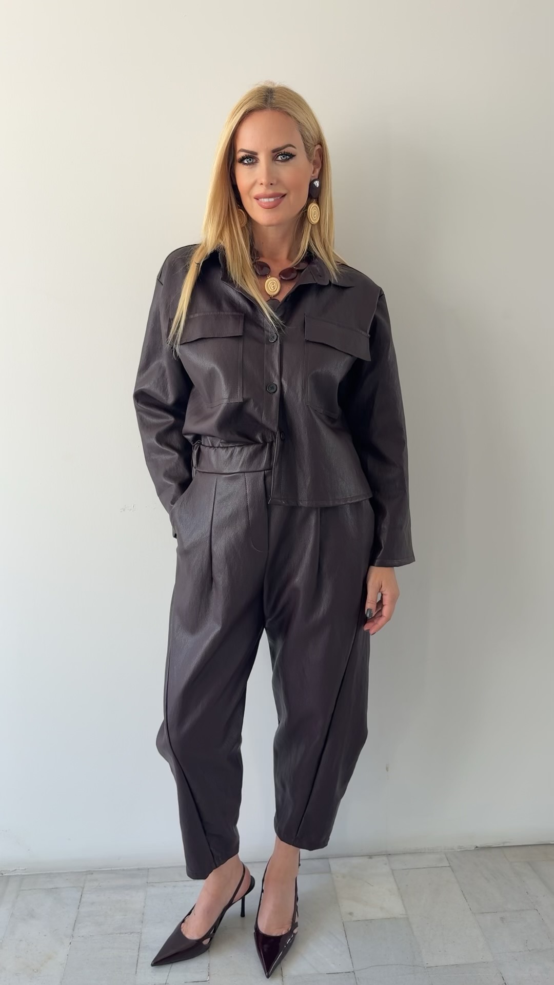 Oversized Leather Twin Set-Μπορντω