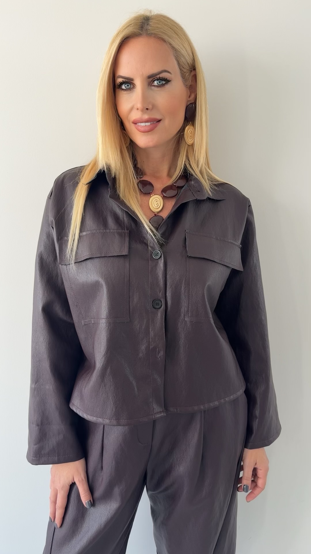 Oversized Leather Twin Set-Μπορντω
